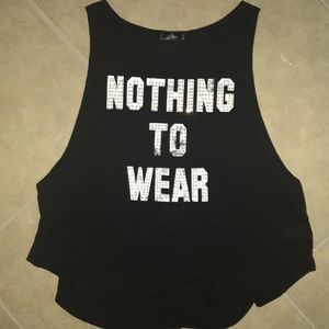 Black shirt with colorful rhinestones on words